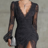 Diana | Vestido Maxi Transparente com Pregas de Renda