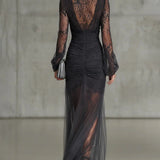Diana | Vestido Maxi Transparente com Pregas de Renda