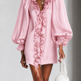 Vestido Mini Liso com Mangas Bufantes e Rendas
