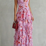 Ana | Romântica Kaskada Rosa Vestido Longo com Decote Americano