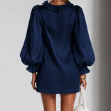 Vestido Mini de Corte Reto com Mangas Bufantes e Rendas em Azul Marinho