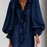 Vestido Mini Liso com Mangas Bufantes e Rendas