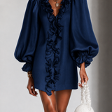 Vestido Mini Liso com Mangas Bufantes e Rendas