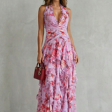 Ana | Romântica Kaskada Rosa Vestido Longo com Decote Americano
