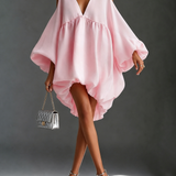 Vestido Mini de Alças Frias em Chiffon Rosa Bebé com Decote em V Profundo e Mangas Balão Puffy