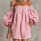 Vestido Mini A-line Solto com Mangas Lanternas e Ombros Descidos em Rosa