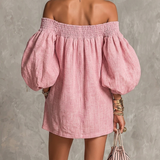 Vestido Mini A-line Solto com Mangas Lanternas e Ombros Descidos em Rosa