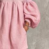 Vestido Mini A-line Solto com Mangas Lanternas e Ombros Descidos em Rosa