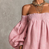Vestido Mini A-line Solto com Mangas Lanternas e Ombros Descidos em Rosa