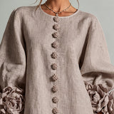 Vestido Mini Botão Floral em Taupe de Cogumelo com Punhos Florais Marcantes