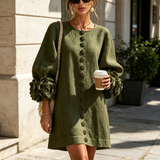 Vestido Mini Botão Floral Verde Oliva com Punhos Florais Impressionantes