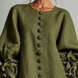 Vestido Mini Botão Floral Verde Oliva com Punhos Florais Impressionantes