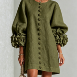Vestido Mini Botão Floral Verde Oliva com Punhos Florais Impressionantes