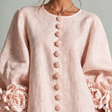 Vestido Mini de Botões Florais em Rosa com Punhos Florais Marcantes