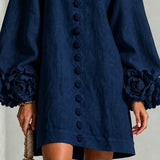 Vestido Mini de Manga Longa Floral Azul Marinho com Punhos Florais Marcantes (Edição de Manga Longa)