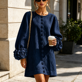 Vestido Mini de Manga Longa Floral Azul Marinho com Punhos Florais Marcantes (Edição de Manga Longa)