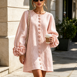 Vestido Mini de Manga Longa Floral Rosa com Botões e Punhos Florais Impressionantes (Edição de Manga Longa)