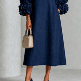 Vestido Midi Botão Floral Azul Marinho Com Punhos Florais Impressionantes