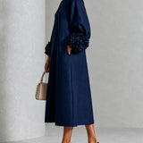 Vestido Midi Botão Floral Azul Marinho Com Punhos Florais Impressionantes