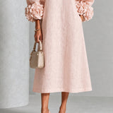 Vestido Midi Botão Rosa Floral com Punhos Florais Impressionantes