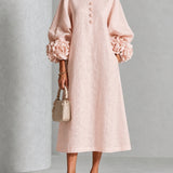 Vestido Midi Botão Rosa Floral com Punhos Florais Impressionantes
