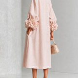 Vestido Midi Botão Rosa Floral com Punhos Florais Impressionantes