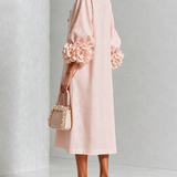 Vestido Midi Botão Rosa Floral com Punhos Florais Impressionantes