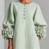 Vestido Midi Botão Floral Sage Mist com Punhos Florais Marcantes