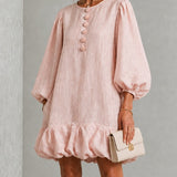 Vestido Mini com Botões Frontais em Floral Rosa e Mangas Bufantes