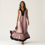 Maria | Vestido Maxi Sem Mangas com Decote em Renda e Acabamento em Contraste