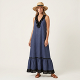 Maria | Vestido Maxi Sem Mangas com Decote em Renda e Acabamento em Contraste