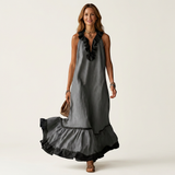 Maria | Vestido Maxi Sem Mangas com Decote em Renda e Acabamento em Contraste