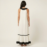 Maria | Vestido Maxi Sem Mangas com Decote em Renda e Acabamento em Contraste