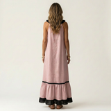 Maria | Vestido Maxi Sem Mangas com Decote em Renda e Acabamento em Contraste