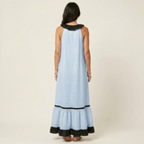 Maria | Vestido Maxi Sem Mangas com Decote em Renda e Acabamento em Contraste