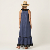 Maria | Vestido Maxi Sem Mangas com Decote em Renda e Acabamento em Contraste